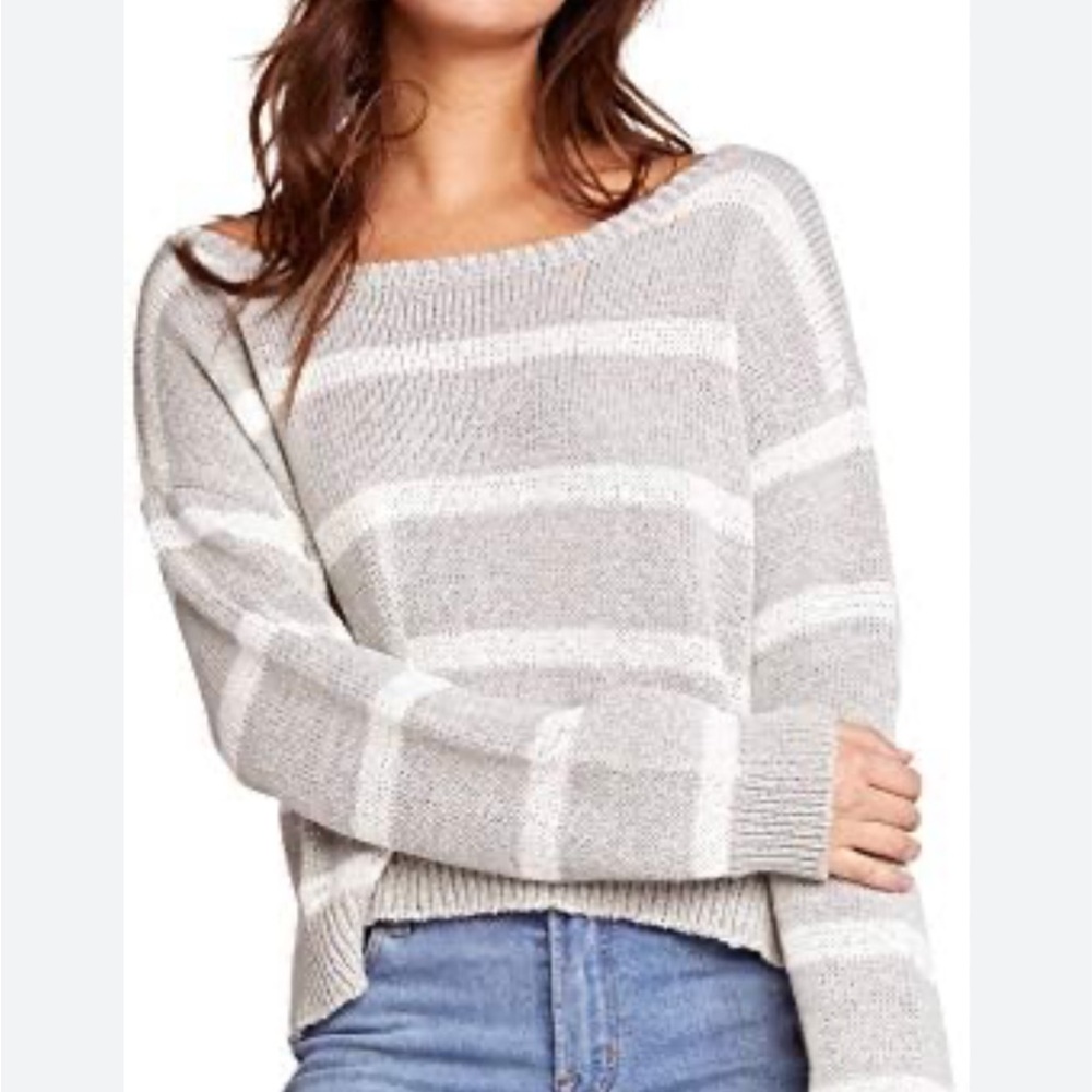 BB Dakota The Loop Sail Away Gray and White Off-the-Shoulder Striped Sweater S